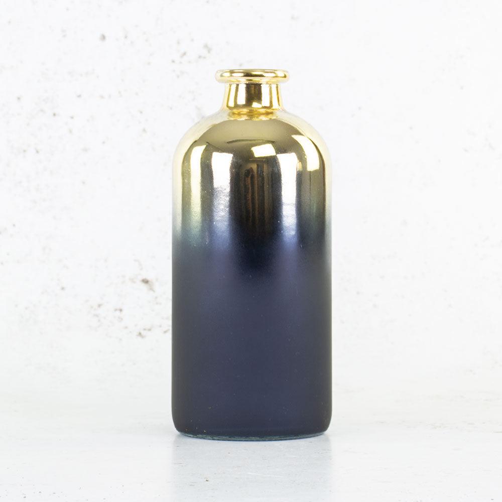 Bottles | Bottle Vase, ‘Flow Glow’, Glass, Indigo and Gold, H25cm Bottles Bottles