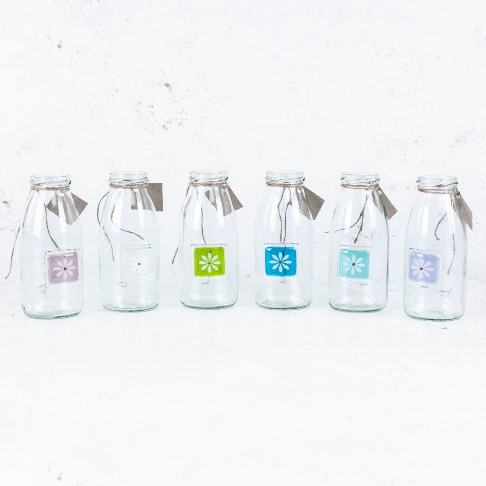 Glassware | Bud Vase, Milk Bottle, Glass, Daisy, Set x 6 Bottles Bottles